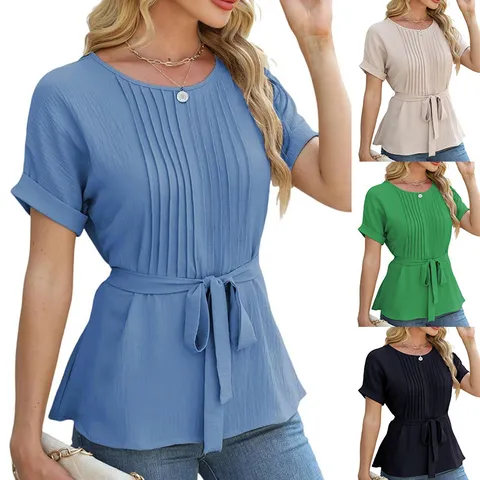 Damen Casual Kurzarm Bluse Rundhals Einfarbig Plissiert Tailliert Polyester Elegant Sommer Hemd Top