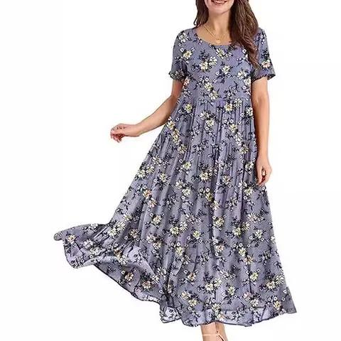 Damen Casual Sommer Strand Blumenprint Midikleid Bequem Locker Kurzarm Plissiert Rundhals Schwingkleid