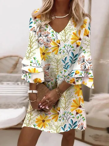Damen Elegant V-Ausschnitt Dreiviertelarm Blumenmuster Minikleid Lässig Boho Rüschen A-Linie Kleid Für Sommer Urlaub