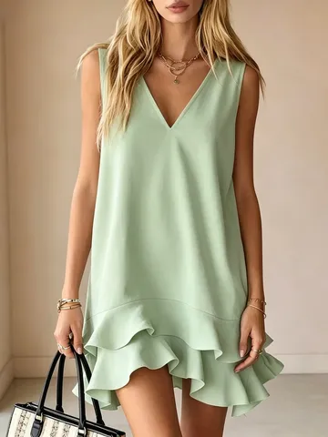 Damen Casual V-Ausschnitt Ärmellos A-Linie Mini Kleid Unifarben Rüschen Sommer Strand Party Swing Kurze Kleider
