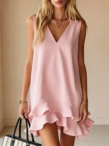 Damen Casual V-Ausschnitt Ärmellos A-Linie Mini Kleid Unifarben Rüschen Sommer Strand Party Swing Kurze Kleider