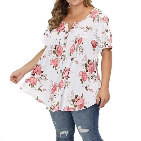 Damen Casual V-Ausschnitt Kurzarm Knopf Druck Bluse Lose Übergröße Sommer T-Shirt Top Elegante Alltagskleidung