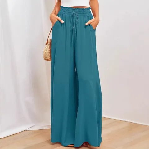 Damen High Waist Weithose Lässige Lockere Gerade Hose Mit Taschen Einfarbig Polyester Bequeme Mode Hosen