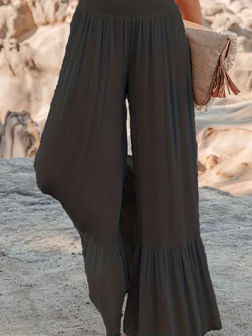 Damen Hohe Taille Plissee Weites Bein Hose Casual Rüschensaum Locker Fließend Lange Hose Elastische Taille Polyester Hose Für Sommer