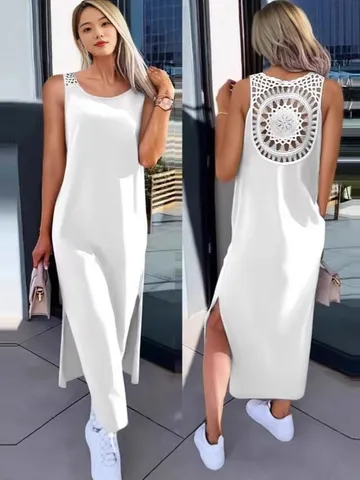 Robe Midi Sans Manches pour Femmes Dentelle Ajourée Dos Nu Style Streetwear Fente Latérale Robe Décontractée Été