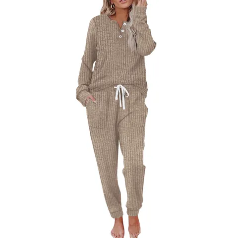 Women Waffle Knit Casual Top And Bottom Set Long Sleeve Button Henley Sweatshirt And Drawstring Pocket Jogger Pants Lounge Set