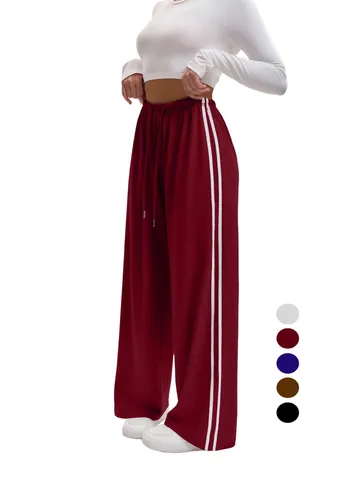Women Casual Loose Wide Leg Sweatpants High Waist Drawstring Side Stripe Straight Long Pants Streetwear Joggers Trousers