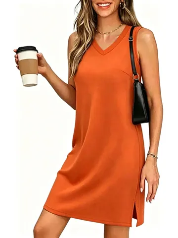 Robe Décontractée Sans Manches Col en V Fente Latérale Couleur Unie Polyester Robe Midi d'été Pour Femmes Mode
