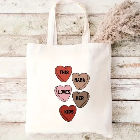 Women Fashion Canvas Tote Bag Heart Letter Printed Reusable Foldable Handbag Casual Daily Shopping Shoulder Bag Travel Groceries Purse