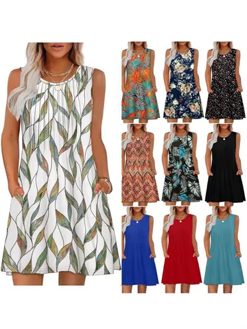 Damen Casual Ärmelloses Rundhals Midi Kleid Mit Taschen Kordelzug Plissee Print Sommer Lockeres Weste Kleid Street Style