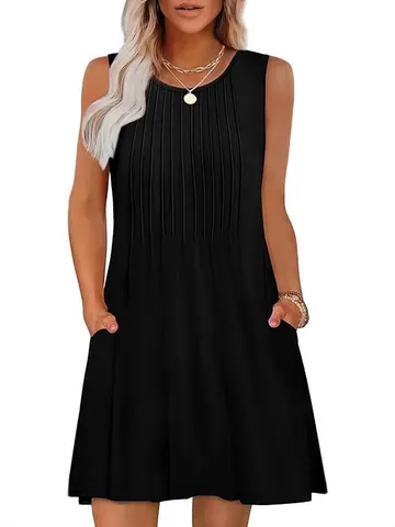 Damen Casual Ärmelloses Rundhals Midi Kleid Mit Taschen Kordelzug Plissee Print Sommer Lockeres Weste Kleid Street Style