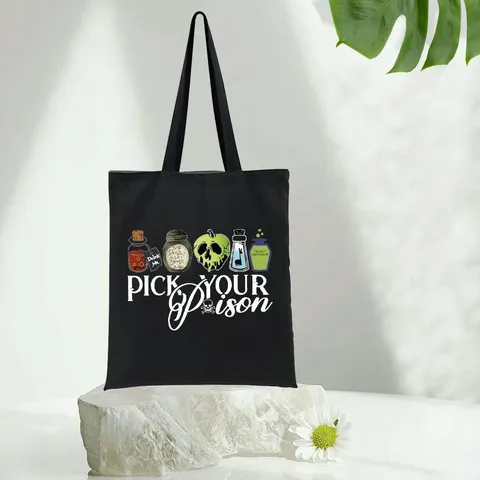 Borsa Tote in Tela Stampa Pick Your Poison Halloween Borsa a Tracolla Grande Capacità Borsa da Shopping Donna Nero Stile Vintage