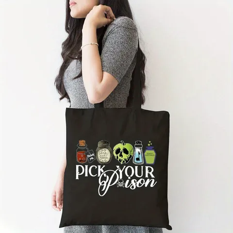 Borsa Tote in Tela Stampa Pick Your Poison Halloween Borsa a Tracolla Grande Capacità Borsa da Shopping Donna Nero Stile Vintage