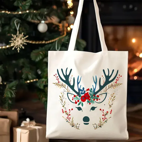 Vintage Christmas Reindeer Canvas Tote Bag Minimalist Large Capacity Shoulder Bag Printed Eco Friendly Shopping Bag For Outdoor Picnic Travel Daily Women Men