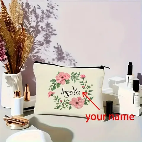 Women Floral Wreath Printed Makeup Bag Polyester Travel Toiletry Organizer Bag With Customizable Name Personal Gift Pouch