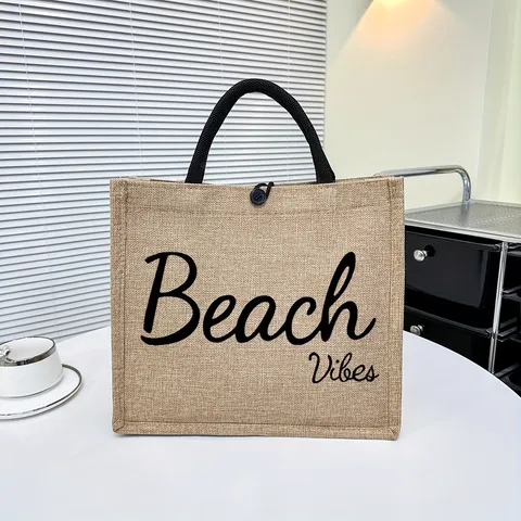 Bolso Toté de Lino Casual para Mujer Impresión Beach Vibes Bolso de Hombro Tejido Retro Gran Capacidad Viaje