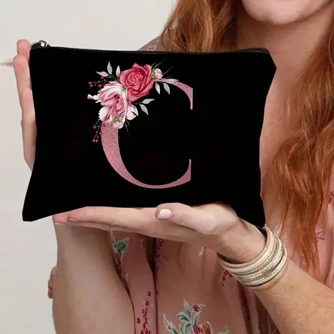 Minimalist Polyester Makeup Bag Floral Alphabet Printed Cosmetic Pouch Travel Storage Organizer Coin Purse For Women Black