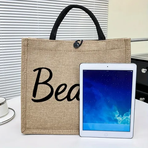 Bolso Toté de Lino Casual para Mujer Impresión Beach Vibes Bolso de Hombro Tejido Retro Gran Capacidad Viaje