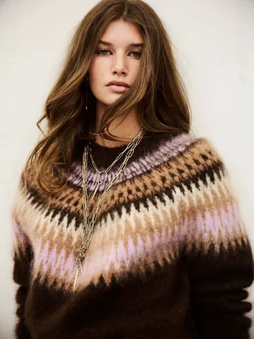 Suéter de Punto Fair Isle Vintage para Mujer Manga Larga Cuello Redondo Cepillado Jacquard Geométrico Pullover Holgado