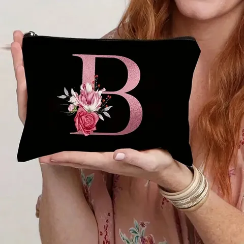 Minimalist Polyester Makeup Bag Floral Alphabet Printed Cosmetic Pouch Travel Storage Organizer Coin Purse For Women Black