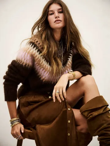 Suéter de Punto Fair Isle Vintage para Mujer Manga Larga Cuello Redondo Cepillado Jacquard Geométrico Pullover Holgado