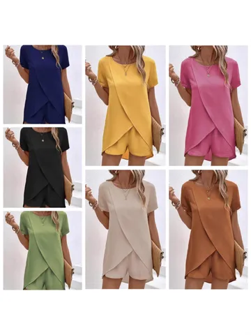 Damen Casual Einfarbig Top Und Bottom Mit Unregelmäßigem Saum Kurzarm Rundhals Polyester Outfits Für Den Sommer