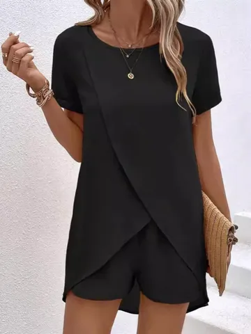 Damen Casual Einfarbig Top Und Bottom Mit Unregelmäßigem Saum Kurzarm Rundhals Polyester Outfits Für Den Sommer