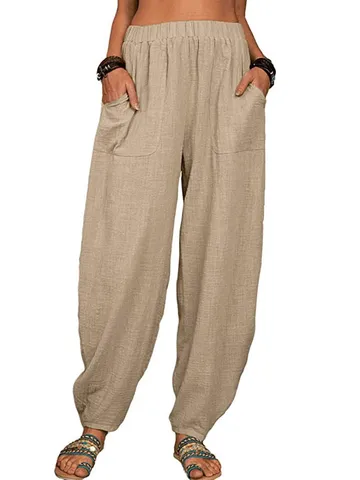 Damen Casual Baumwolle Leinen Haremshose Locker Hohe Taille Einfarbig Lange Hose Mit Taschen Für Zuhause Alltag
