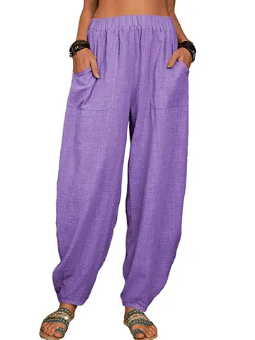 Damen Casual Baumwolle Leinen Haremshose Locker Hohe Taille Einfarbig Lange Hose Mit Taschen Für Zuhause Alltag