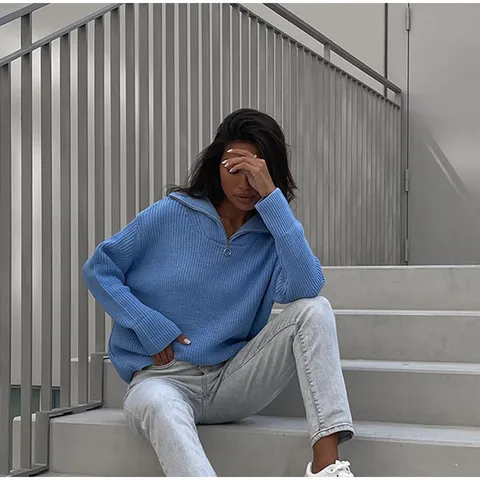 Women Quarter Zip Knit Sweater Loose Casual Solid Color Ribbed Pullover Long Sleeve Fall Winter Fashion Knitwear Top