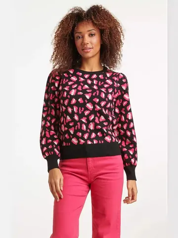 Women Leopard Jacquard Round Neck Sweater Long Sleeve Pullover Knitwear Drop Shoulder Casual Fuchsia Leopard Print Top 072