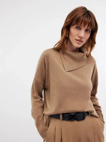 Women Casual Loose High Neck Knit Sweater Solid Camel Long Sleeve Pullover With Slit Hem Drop Shoulder Soft Viscose Jumper Top