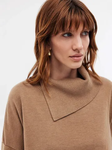 Women Casual Loose High Neck Knit Sweater Solid Camel Long Sleeve Pullover With Slit Hem Drop Shoulder Soft Viscose Jumper Top