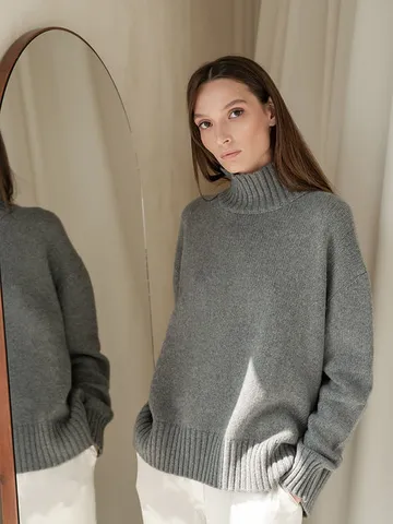 Women Mock Neck Loose Knit Sweater Drop Shoulder Pullover Solid Color Viscose Core Spun Autumn Winter Warm Casual Knitwear Top