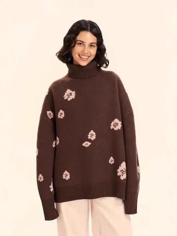 Women's Loose Floral Jacquard High Neck Knitted Sweater Viscose Blend Long Sleeve Drop Shoulder Casual Winter Top