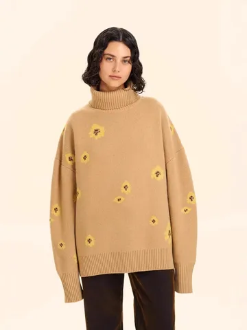 Women's Loose Floral Jacquard High Neck Knitted Sweater Viscose Blend Long Sleeve Drop Shoulder Casual Winter Top