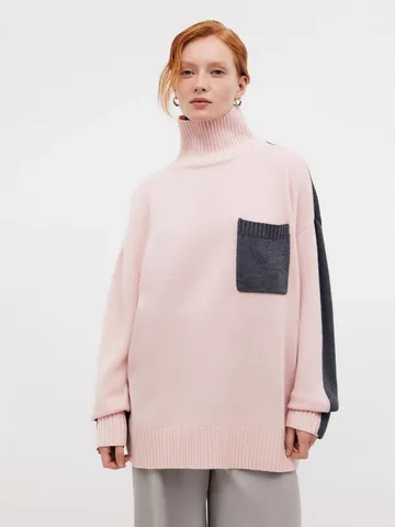 Women Turtleneck Sweater Loose Fit Color Block Knitwear Viscose Contrast Pocket Long Sleeve European Style Winter Top