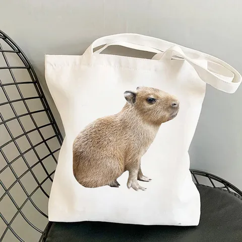 Cute Cartoon Capybara Printed Canvas Tote Bag Large Capacity Casual Shoulder Grocery Shopping Bag For Everyday Unisex