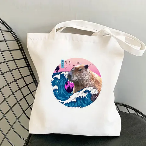 Cute Cartoon Capybara Printed Canvas Tote Bag Large Capacity Casual Shoulder Grocery Shopping Bag For Everyday Unisex