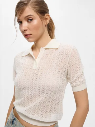 Women's Short Sleeve Polo Neck Knit Sweater Viscose Polyester Hollow Out Knitted Top Casual Elegant Pullover Summer Knitwear