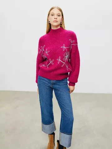 Women's Casual Mock Neck Long Sleeve Knit Sweater Elegant Floral Embroidered Pullover Thick Warm Top For Autumn Winter