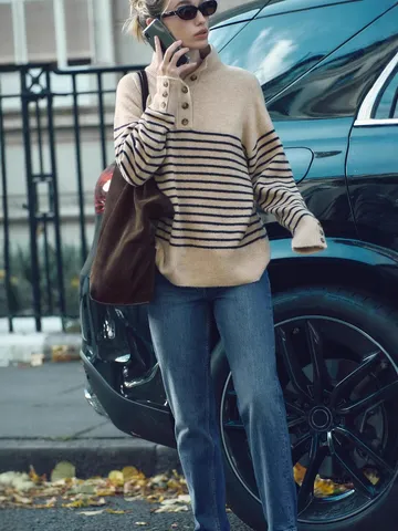 Women's Casual Striped Knitted Sweater Mock Neck Button Long Sleeve Pullover Autumn Winter Loose Knitted Top