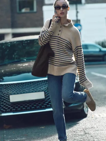 Women's Casual Striped Knitted Sweater Mock Neck Button Long Sleeve Pullover Autumn Winter Loose Knitted Top