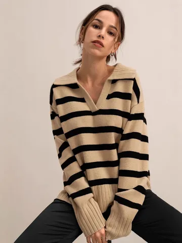 Women's Striped Polo Collar Knit Sweater Casual Loose Long Sleeve Viscose Pullover Top For Autumn Winter