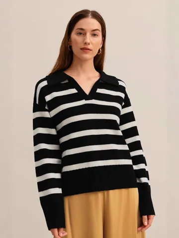 Women's Striped Polo Collar Knit Sweater Casual Loose Long Sleeve Viscose Pullover Top For Autumn Winter