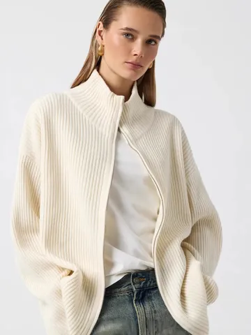 Women Casual Viscose Half High Neck Zipper Ribbed Knit Cardigan Sweater Loose Long Sleeve Knitwear Jacket Outerwear Tops