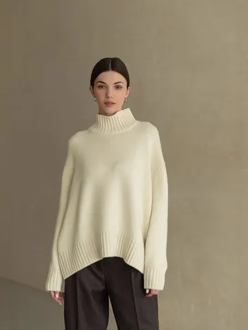 Women Mock Neck Loose Knit Sweater Drop Shoulder Pullover Solid Color Viscose Core Spun Autumn Winter Warm Casual Knitwear Top