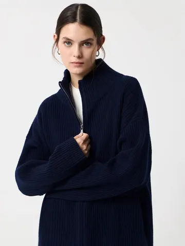 Women Casual Viscose Half High Neck Zipper Ribbed Knit Cardigan Sweater Loose Long Sleeve Knitwear Jacket Outerwear Tops
