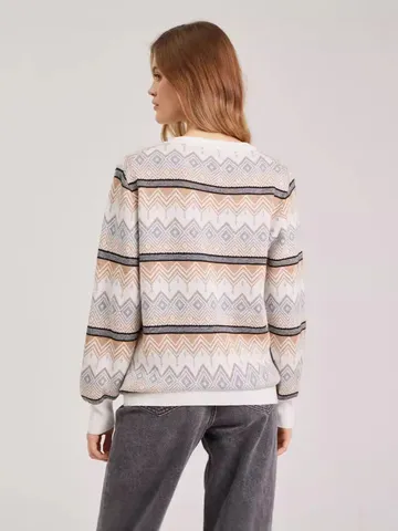 Women's Loose Viscose Geometric Jacquard Knitted Sweater Casual Crew Neck Long Sleeve Pullover Autumn Winter Warm Jumper Top