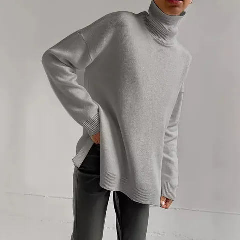 Women's Fall Winter Casual Turtleneck Pullover Sweater Long Sleeve Solid Color Loose Knitwear Basic Tops